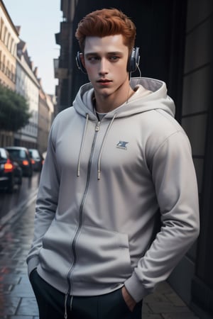 [Tom Daley: Tom Holland: 0.75], hood, headphones, hoodie, hands_in_pockets, male_focus, hooded_jacket, 1boy, orange_hair, highly detailed glossy eyes, rain, headphones_around_neck, jacket, hood_down, hand_in_pocket, drawstring, necklace, jewelry, shirt, solo, looking_at_viewer, pants, open_clothes, rim lighting, studio lighting, looking at the camera, dslr, ultra quality, sharp focus, tack sharp, dof, film grain, Fujifilm XT3, crystal clear, 8K UHD, highly detailed glossy eyes, high detailed skin, skin pores, Germany Male,Germany Male,France Male,European Country would you Like