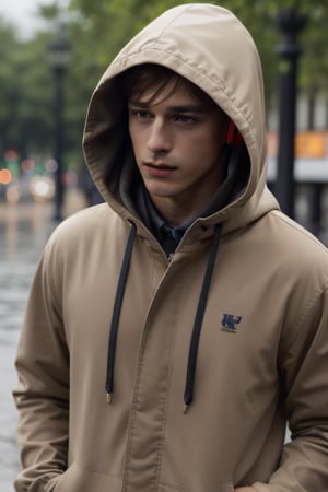 [Tom Daley: Tom Holland: 0.75], hood, headphones, hoodie, hands_in_pockets, male_focus, hooded_jacket, 1boy, orange_hair, highly detailed glossy eyes, bright smil, (rain), headphones_around_neck, jacket, ((hood_down)), hand_in_pocket, drawstring, necklace, jewelry, shirt, solo, looking_at_viewer, pants, open_clothes, rim lighting, studio lighting, looking at the camera, dslr, ultra quality, sharp focus, tack sharp, dof, film grain, Fujifilm XT3, crystal clear, 8K UHD, highly detailed glossy eyes, high detailed skin, skin pores, Germany Male,Germany Male,France Male,European Country would you Like