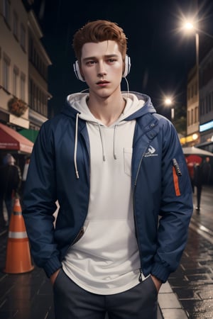 [Tom Daley: Tom Holland: 0.75], hood, headphones, hoodie, hands_in_pockets, male_focus, hooded_jacket, 1boy, orange_hair, highly detailed glossy eyes, rain, headphones_around_neck, jacket, hood_down, hand_in_pocket, drawstring, necklace, jewelry, shirt, solo, looking_at_viewer, pants, open_clothes, rim lighting, studio lighting, looking at the camera, dslr, ultra quality, sharp focus, tack sharp, dof, film grain, Fujifilm XT3, crystal clear, 8K UHD, highly detailed glossy eyes, high detailed skin, skin pores, Germany Male,Germany Male,France Male,European Country would you Like