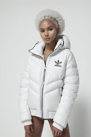 beautifull afro 26 y. o WOMAN, model, white hair in milky adidas winter puffer jacket, design trend, design by kanye west, on a white background, octane, 4K, intricate and detailed texture,
