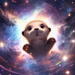 A cute otter swimming in deep space, realistic deep space background, naruto style, colorfull, eye contact, galaxies in background, masterpiece,  extremely best quality,  official art,  cg 8k wallpaper,  (Fantasy Style:1.1),  (artistic atmosphere:1.2), pixiv 10000 users,  highly detailed,  pixiv, incredibly detailed, (best quality)