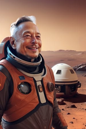 mj, cozy, cinematic, old Elon Musk, 94 years old, male, mischevious smile, on Mars surface, space suit, masterpiece, cyberpunk style