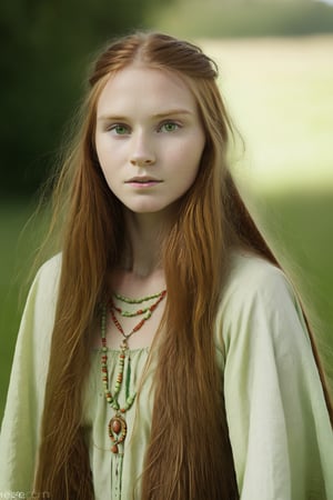 beautiful full body Native irland woman, long ginger hair, light green eyes healer, teenager, traditional_clothing, natural mystical, WOMAN,Movie Still, ,Film Still
