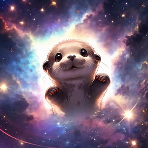 A cute otter swimming in deep space, realistic deep space background, naruto style, colorfull, eye contact, galaxies in background, masterpiece,  extremely best quality,  official art,  cg 8k wallpaper,  (Fantasy Style:1.1),  (artistic atmosphere:1.2), pixiv 10000 users,  highly detailed,  pixiv, incredibly detailed, (best quality)
