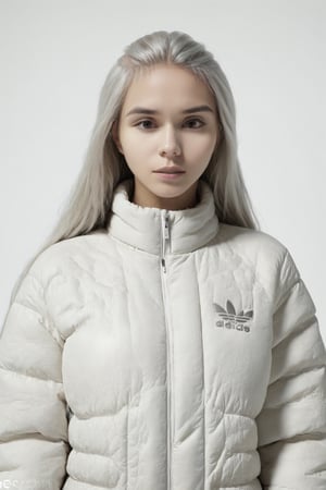 beautifull afro 26 y. o WOMAN, model, white hair in milky adidas winter puffer jacket, design trend, design by kanye west, on a white background, octane, 4K, intricate and detailed texture,