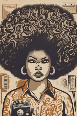 a woman with a big afro wearing a shirt , Hairdesser,  Dave_Quiggle_Style