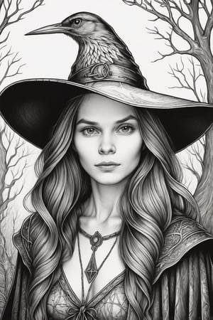 the WOMAN in the witch hat coloring page, in the style of highly detailed realism, detailed background elements, artgerm, nature motifs, halloween, engraved line-work, avian-themed