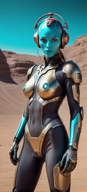 A beautiful alien woman. splash art, fractal art, colorful, a winner photo award, detailed photo, Arnold render, 16K full batttle gear cosmo USSR space age war with full gear full body suit and helmet hig technology on a mars Lunar Surface detail landscape a woman in robots and gear with a sword, in the style of dark cyan and bronze, surreal cyberpunk iconography, hyperrealistic murals, indian pop culture, ritualistic masks, 3d, vibrant illustrations remove watermarks, big breasts, looking at the camera, small breasts, cameltoe,