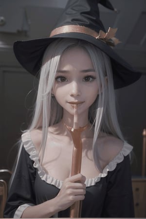 (masterpiece), halloween, night, fog. mist, liona, witch hat, silver hair, medium hair, smile, finger to own chin, index finger raised, finger to mouth, pointing at self, tongue