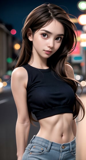 (hyperealistic detailed face:1.2), (looking at viewer:1.2), centered, upper body, award winning frontal photography, masterpiece, | (beautiful detailed eyes:1.2), long hairstyle, (black hair color), (light brown eyes), (black top), midriff peak, navel, lowleg jeans, | sunset, bokeh, depth of field, | urban, street, City, | starry sky, vaporwave color scheme, (saturated colors:1.2), ,3DMM,liona woman