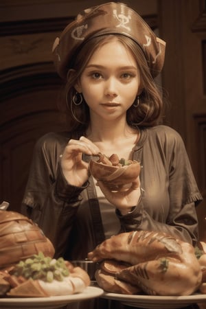 (masterpiece), 1 , jack sparrow, brown eyes, hat, brown hair, earrings, hat, pirate, jewelry, shirt, short hair, white shirt,  ,OneDoesNotSimply  , brown eyes, glowing eyes,serve the thanksgiving dinner ,thanksgiving day,  eating , foods , big roast chicken , drool , champagne , liona girl,OneDoesNotSimply