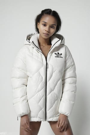 beautifull afro 26 y. o WOMAN, model, white hair in milky adidas winter puffer jacket, design trend, design by kanye west, on a white background, octane, 4K, intricate and detailed texture,