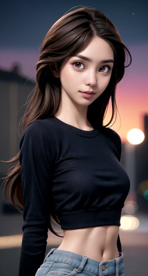 (hyperealistic detailed face:1.2), (looking at viewer:1.2), centered, upper body, award winning frontal photography, masterpiece, | (beautiful detailed eyes:1.2), long hairstyle, (black hair color), (light brown eyes), (black top), midriff peak, navel, lowleg jeans, | sunset, bokeh, depth of field, | urban, street, City, | starry sky, vaporwave color scheme, (saturated colors:1.2), ,3DMM,liona woman