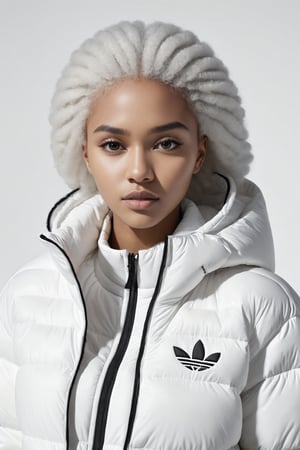 beautifull afro 26 y. o WOMAN, model, white hair in milky adidas winter puffer jacket, design trend, design by kanye west, on a white background, octane, 4K, intricate and detailed texture,