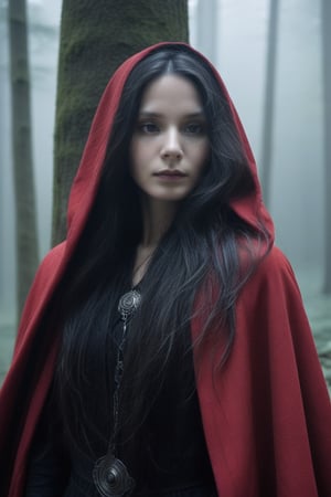 Journey into the Unknown, hair wild and untamed, raven-black contrasting with her red cloak. Before her lies a dense forest, ancient trees with roots intertwined, their secrets protected by the mists of time, best quality, ((beautiful eyes)), WOMAN, face close-up
