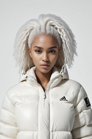 beautifull afro 26 y. o WOMAN, model, white hair in milky adidas winter puffer jacket, design trend, design by kanye west, on a white background, octane, 4K, intricate and detailed texture,