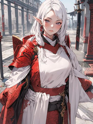 1girl,18 years old,beautiful elven girl,(((onmyouji))),(((suikan))),red armor, cresent moon backgroud