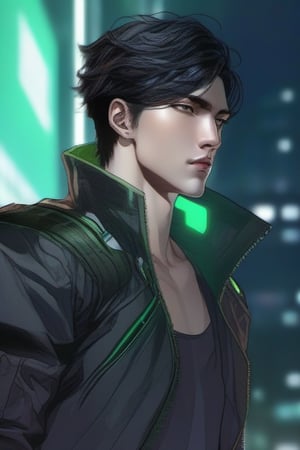 post-cyberpunk male, black hair,teen, green eyes, prosthetic left arm, fierce, detailed, high resolution, bold, korean Manhwa art style by Choo Hye Yeon