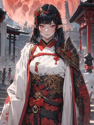1girl,18 years old,beautiful elven girl,(((onmyouji))),(((suikan))),sexy armour, red moon backgroud