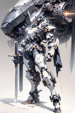 ((black, exoskeleton powered suit)), ((large caliber laser cannon in left hand)), ((heated red sword in right hand)), ((thick mechanical legs to support its own weight)), ((thick mechanical arms and hands to support weight of weapons)), ((pilot is man with short silver hair, more metal plates, ((pilot is bare))), pictorial humanoid mech, detailed humanoid, highly detailed cg society, detailed mech robot,, hard surface model, zubrash hard surface