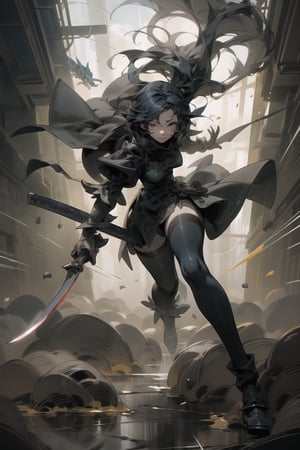 (​master piece:1.2, hightquality), (pixiv:1.4), Girl running through the battlefield at high speed, asian human, Wearing a blue cloak, Long Blue Scarf, Black hair fluttering in the wind, There is not a single bloodstain on her white clothes, ((Holding a Japan sword in his left hand)), ((Wearing a gauntlet on his right arm)), Hairstyle is long black hair split in the center, She has the ability to use wind and thunder magic, ((She has a blue dragon emblem on her right eye.)), Her left eye is black, Full body shot with ultra-detailed outline, A very complex and detailed fantasy, Complex and detailed complementary colors, 16K resolution, deviantart masterpiece, Oil painting with heavy strokes and ultra-sharp focus, high details,yorha no. 2 type b