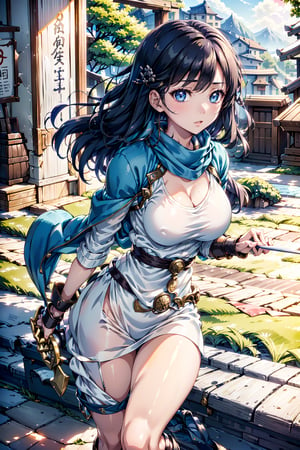 Girl running through the battlefield at high speed, asian human, Wearing a blue cloak, Long blue scarf, Black hair fluttering in the wind, There is not a single bloodstain on her white clothes, ((Holding a Japan sword in his left hand)), ((Wears a gauntlet on his right arm)), The hairstyle is long black hair divided in the center, She has the ability to use wind and thunder magic, ((She has a blue dragon emblem in her right eye.)), Her left eye is black, mismatched pupils, Surrealism, anime style, character chart, tachi-e, wide shot, UHD, masterpiece, ccurate, high details, high quality, best quality, highres