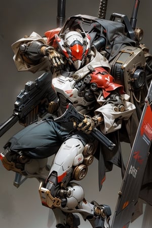 (no helmet), ((ninja)), ((black exoskeleton power suit)), ((huge rifle in left hand)), ((heated red sword in right hand)), ((thick mechanical legs to support its own weight)), ((thick mechanical arms and hands to support weight of weapons)), big engine for flying on back, metal more plates, pilot is a man with short silver hair, ((pilot is bare)), painted humanoid mecha, detailed humanoid, highly detailed CG society, details of mecha robot,, hard surface model, zubrus hard surface, platform with large caliber laser gun and huge red sword Alafed Robot, Craig Mullins Style, 3D Octane Rendered Concept Art, Unreal Engine Character Art, High Quality Digital Concept Art, Hard Surface Concept Art, Akihiko Yoshida. Unreal Engine, concept art octane rendering, concept design art octane rendering, future soldier, inspired by Marek Ocon, CG artist, mech suit