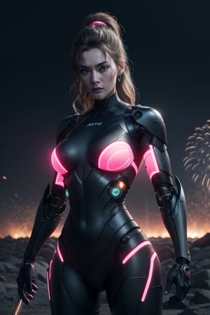 Create a hyper photo realistic , alien cursed theme, mockup, beautiful semi-cyborg female asean but a Kate Winslet look alike with big breast , cybernetic brasher, half biometal arms, laser samurai sword, ruins of Manila bg, (lots of electric sparks:1.2), Sony Alpha 7S III (A75 III), Simple, hyperdetailed, medium shot, cinematic  with luminescence neon pink 4k resolution, glow across the vast landscape.