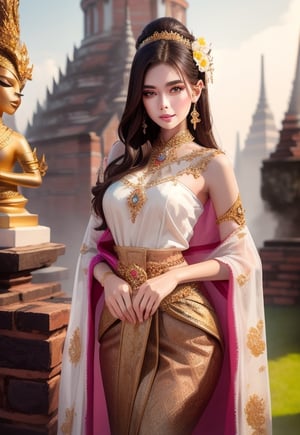  (((masterpiece))), (((best quality))), ((((extreme detailed costumes)))), 3D render, stunning 20 years old humanoid woman, perfect face, beautiful round eyes, full lip, wavy midum long hair, full body shot,  happy expression, high resolution, sharp focus, 8K , outdoor, natural light, garden surrounding blooming colorful rose background ,Thai SABAI Dress, Thai traditonal earrings, belt and necklect. 