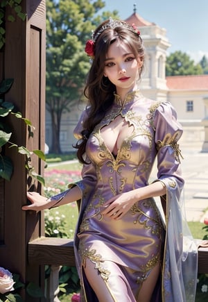  (((masterpiece))), (((best quality))), ((((extreme detailed costumes)))), 3D render, stunning woman, full body shot,  happy expression, high resolution, sharp focus, 8K , outdoor, natural light, garden surrounding blooming colorful rose background   