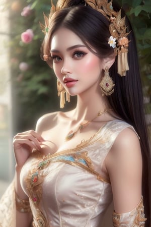 (masterpiece, top quality, best quality,  professional art, beautiful and aesthetic:1.2), (1girl), extreme detailed,(fractal art:1.3),colorful,highest detailed,zoomout,asian girl,perfecteyes, random armor:0.5, random hairstyle
,alluring_lolita_girl,RedHoodWaifu,bul4n,bubble,Detailedface, (((Thai SABAI dress(1.3))), Thai traditional necklect, earrings and belt, a field of beautiful blooming rose background ,DonMF41ryW1ng5,Thai Dress, half body shot, weavy long hair