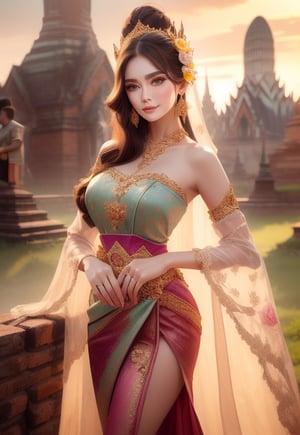  (((masterpiece))), (((best quality))), ((((extreme detailed costumes)))), 3D render, stunning woman, wavy midum long hair, full body shot,  happy expression, high resolution, sharp focus, 8K , outdoor, natural light, garden surrounding blooming colorful rose background ,Thai Dress, Thai traditonal earrings, belt and necklect. 