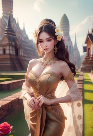  (((masterpiece))), (((best quality))), ((((extreme detailed costumes)))), 3D render, stunning woman, wavy midum long hair, full body shot,  happy expression, high resolution, sharp focus, 8K , outdoor, natural light, garden surrounding blooming colorful rose background ,Thai Dress, Thai traditonal earrings, belt and necklect. 