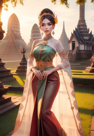  (((masterpiece))), (((best quality))), ((((extreme detailed costumes)))), 3D render, stunning woman, perfect face, beautiful round eyes, full lip, wavy midum long hair, full body shot,  happy expression, high resolution, sharp focus, 8K , outdoor, natural light, garden surrounding blooming colorful rose background ,Thai SABAI Dress, Thai traditonal earrings, belt and necklect. 