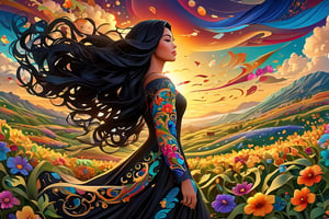 beautiful woman with long flowy black hair blowing with the wind, colorful floral tattoos covering her body, walking through a field with flowering vines, work of beauty and complexity with intricate elements that differentiate this imagine from other, 8k UHD, jason naylor style, colorful rendition, curvy_hips, EpicSky,Cubist artwork ,3d style, sunset sky,  amber glow 
