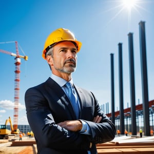 A focused businessman in a suit, hard at work on-site, overseeing the construction of a modern factory. The factory is under construction, with steel beams and cranes in the background, under a bright, sunny sky. The businessman is gesturing towards the construction, with a determined expression, framed in a mid-shot to capture his engagement with the project. The lighting is natural, highlighting the details of the construction and the businessman's serious demeanor.