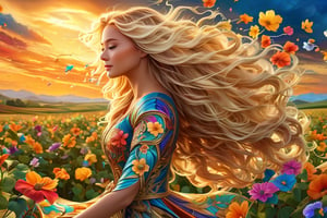 beautiful woman with long flowy blond hair blowing with the wind, colorful floral tattoos covering her body, walking through a field with flowering vines, work of beauty and complexity with intricate elements that differentiate this imagine from other, 8k UHD, jason naylor style, colorful rendition, curvy_hips, EpicSky,Cubist artwork ,3d style, sunset sky,  amber glow 