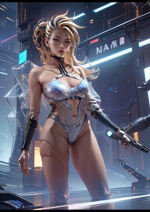 full body shot, woman android face, (long blonde hair with highlights:1.2), cyborg, robotic parts, (luxurious cyberpunk:1.4), lace, hyperrealistic, anatomical, facial muscles, cable electric wires, microchip, (white ceramic armor plates:1.2), blue liquid pipes,
elegant, (lo-fi:1.2), detailed composition, cinematic, dynamic composition, incredibly detailed, sharpen, details, intricate detail, anamorphic, lightroom, bokeh, film grain, HDR10, 8K, by Roger Deakins, 
,akali