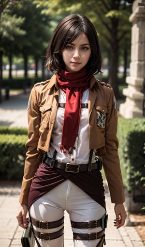 mikasa_ackerman, scarf, jacket, paradis military uniform, belt, thigh strap, outdoor,  
