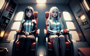 a photo of pair of (cute slender beautiful european young:1.0) girls sitting in a seat (chair) and piloting the spaceship, leaning back, hologram, white long hair, panoramic view on night space city, (symmetry), light smile, arms on armrest, red yellow, science fiction, shot from above, film grain, (highly detailed:1.1), rfktr_technotrex, lora:rfktrsTechnotrexV10_rfktrsTechnotrexV10:0.1, lora:futuristic_interior_composer:0.2, lora:futuristic_interior_refiner:0.2, sharp focus, best quality, masterpiece, photorealistic
,futuristic_interior ,rfktr_technotrex