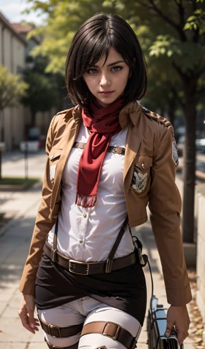 mikasa_ackerman, scarf, jacket, paradis military uniform, belt, thigh strap, outdoor,  
