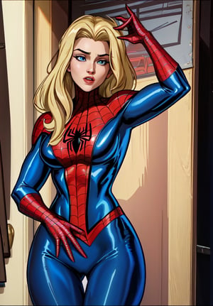 masterpiece, best quality,  spider-man costume, nomask,  felicia hardy, hair over shoulder
