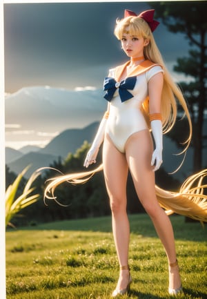 masterpiece, best quality, highres, sv1, sailor senshi uniform, orange skirt, elbow gloves, tiara, orange sailor collar, red bow, orange choker, white gloves, jewelry, full body, senset, wind, field, (1990s \(style\):0.9), sexy, standing, underwear