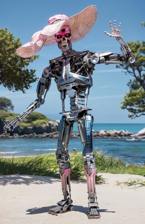 T800Endoskeleton, robot, ,skull face, chrome metal body, metal feet,  looking at camera, (wearing a large pink sunhat), sunglasses
standing, arm raised, waving, full body shot, 
outside, beach, blue sky, beautiful background,
hdr, extremely detailed, intense ambiance, lora:T800Endoskeleton:.8
