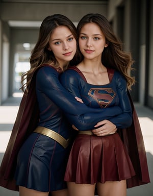 2girl, twin sisters, same heights, closed hugging, both supergirl costume,  real, photoshoot, realistic, luminescent, atmospheric scene, masterpiece, best quality, (detail skin texture, ultra-detailed body:1.1), RAW photo, (high detailed skin:1.2), 8k uhd, dslr, film grain, Fujifilm XT3,
lora:melissabenoist_smf_lora_02-000001:0.9, 2girl, melissabenoist-smf, blonde hair, blue eyes, realistic, blurry background, superhero, blurry, long hair, lips, jewelry, upper body, collarbone, solo, red cape, looking to the side, outdoors, focus, depth of field, smile,