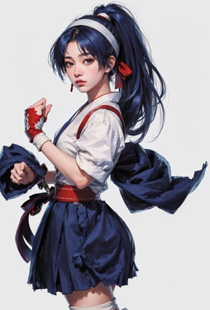 (masterpiece, top quality, best quality, official art, beautiful and aesthetic:1.2), (1girl:1.3), (fractal art:1.3),ponytail, hakama , (blue hakama skirt:1.3),japanese clothes,  headband,(white tabi:1.3),(white japanese socks:1.5),red belt, simple background, (Cinmatic:0.4) ,upper body, lora:kasumi-000009:0.8