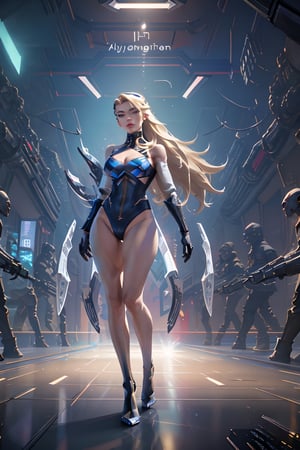 full body shot, woman android face, (long blonde hair with highlights:1.2), cyborg, robotic parts, (luxurious cyberpunk:1.4), lace, hyperrealistic, anatomical, facial muscles, cable electric wires, microchip, (white ceramic armor plates:1.2), blue liquid pipes,
elegant, (lo-fi:1.2), detailed composition, cinematic, dynamic composition, incredibly detailed, sharpen, details, intricate detail, anamorphic, lightroom, bokeh, film grain, HDR10, 8K, by Roger Deakins, 
,akali