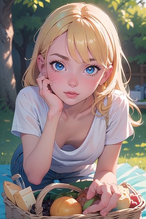(masterpiece:1.3), (best quality:1.3), (hires, high resolution:1.3), 1girl, blonde, blue eyes, long hair, lying, on stomach, foreshortening, facing viewer, picnic, picnic basket, ass visible, downblouse, (white, loose t-shirt), leaning forward, selfie, hand on own face, 
lora:extendeddownblouse_v10:1