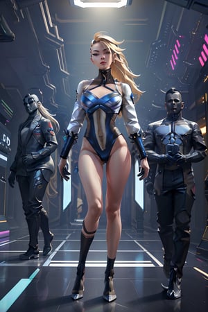 full body shot, woman android face, (long blonde hair with highlights:1.2), cyborg, robotic parts, (luxurious cyberpunk:1.4), lace, hyperrealistic, anatomical, facial muscles, cable electric wires, microchip, (white ceramic armor plates:1.2), blue liquid pipes,
elegant, (lo-fi:1.2), detailed composition, cinematic, dynamic composition, incredibly detailed, sharpen, details, intricate detail, anamorphic, lightroom, bokeh, film grain, HDR10, 8K, by Roger Deakins, 
,akali