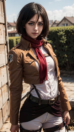 mikasa_ackerman, scarf, jacket, paradis military uniform, belt, thigh strap, outdoor,  lora:mikasa_ackerman:1
,hmmikasa